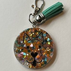 Handmade Resin Cat Mom Cat Dad Keychain Blue & Orange Glitter Charm Teal Tassel